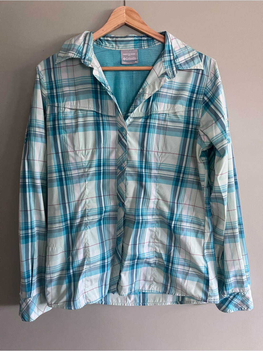 Columbia Light Blue and Teal Plaid Button-Up Shirt